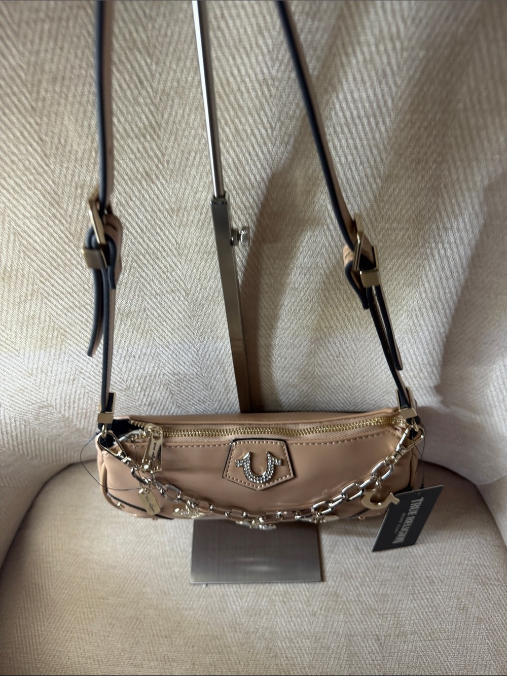 True Religion Beige Shoulder Bag with Silver Charm Chain - Picture 7 of 15